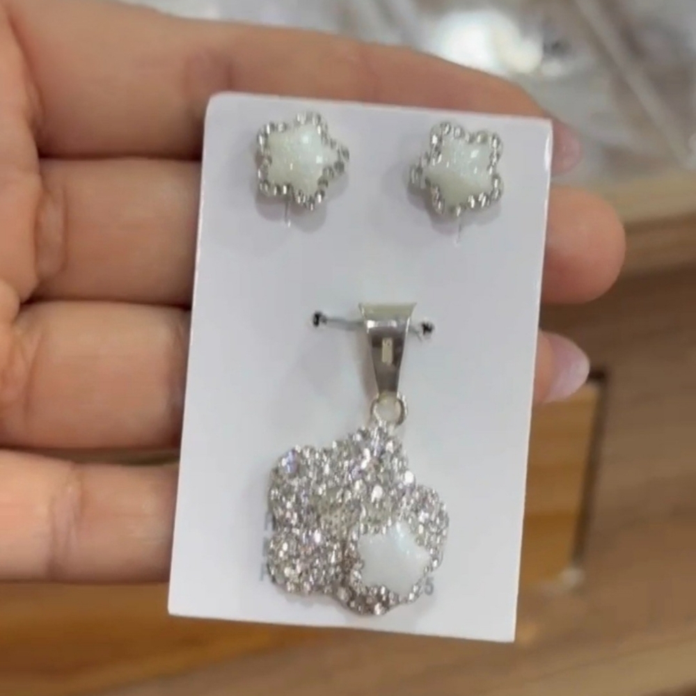Spinning Star Pendant Necklace & Stud Earrings CZ Set 925 Mex. Sterling Silver